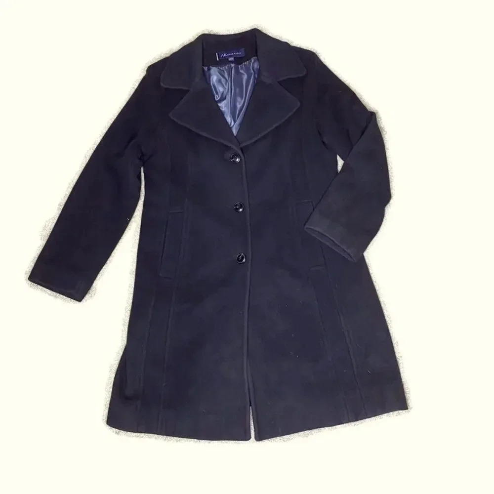 Anne Klein Black Wool Single Breasted Four Button Mid Length Coat L